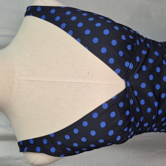 DKNY One Piece Swimsuit Black/Blue Polka Dot Side Ruching V Neck Swimwear Sz 10 - Picture 2 of 15